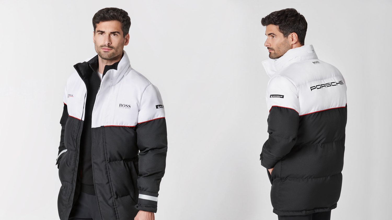 Wattierte Porsche Motorsport Winterjacke Unisex in den Motorsportfarben Schwarz/Weiß/Rot